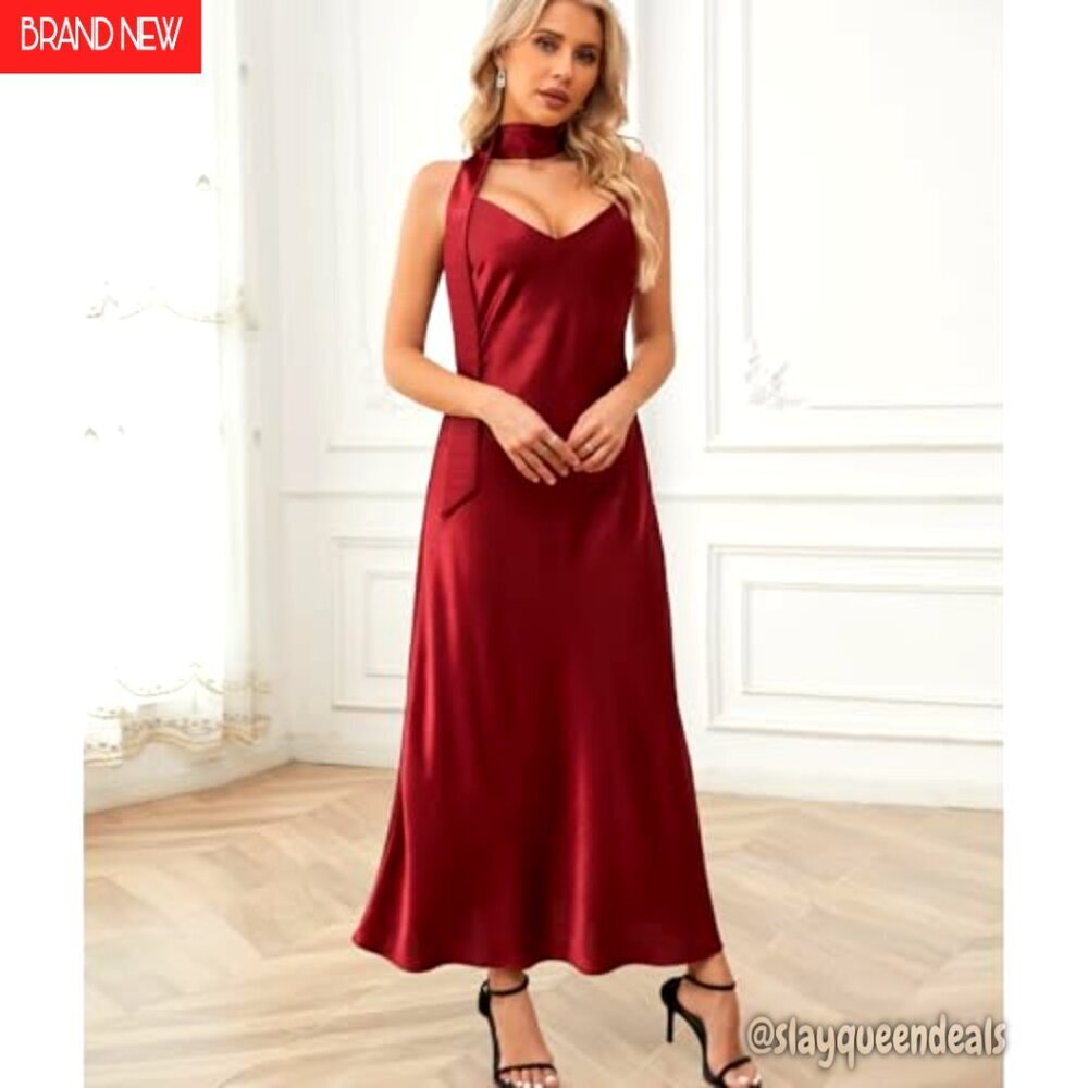 Satin Maxi Dress with Detachable Scarf, V-Neck, Formal Wear - Picture 3 of 7